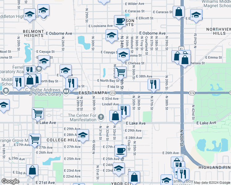 map of restaurants, bars, coffee shops, grocery stores, and more near 3309 East Martin Luther King Junior Boulevard in Tampa