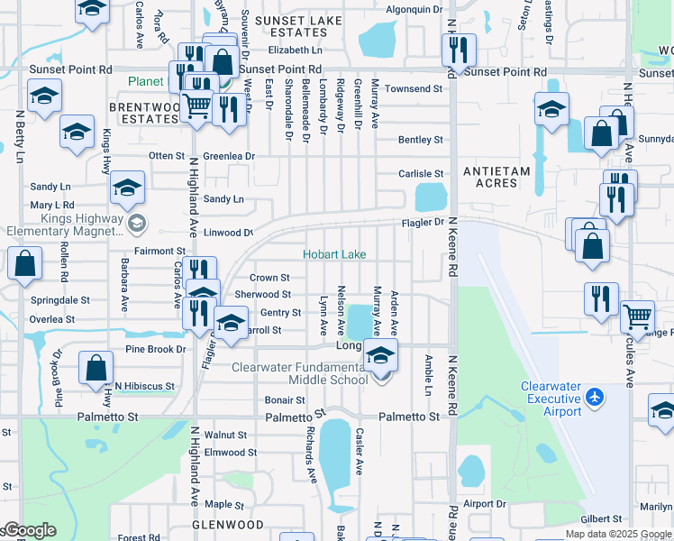 map of restaurants, bars, coffee shops, grocery stores, and more near 1416 Nelson Avenue in Clearwater
