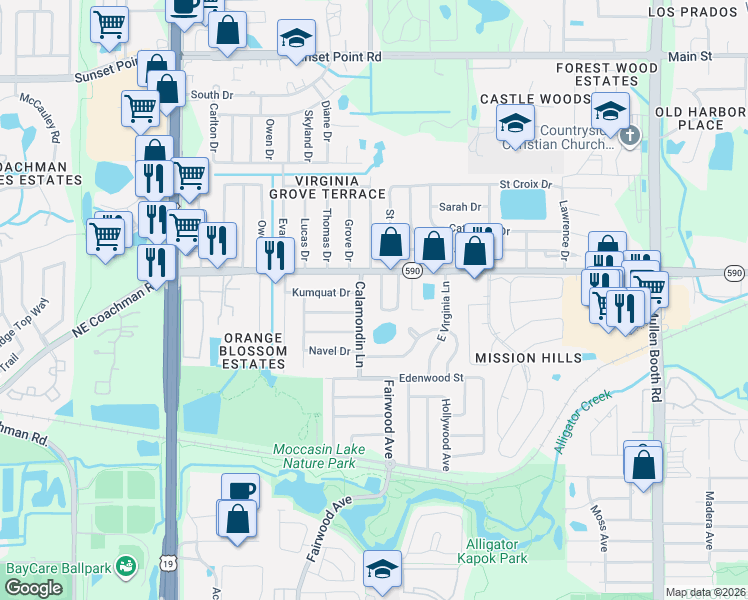 map of restaurants, bars, coffee shops, grocery stores, and more near 1500 Country Lane West in Clearwater