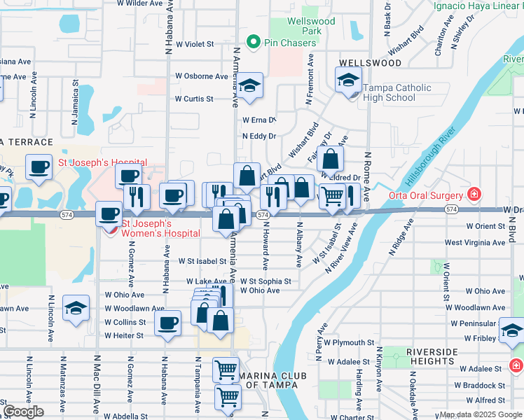 map of restaurants, bars, coffee shops, grocery stores, and more near 2314 West Martin Luther King Junior Boulevard in Tampa