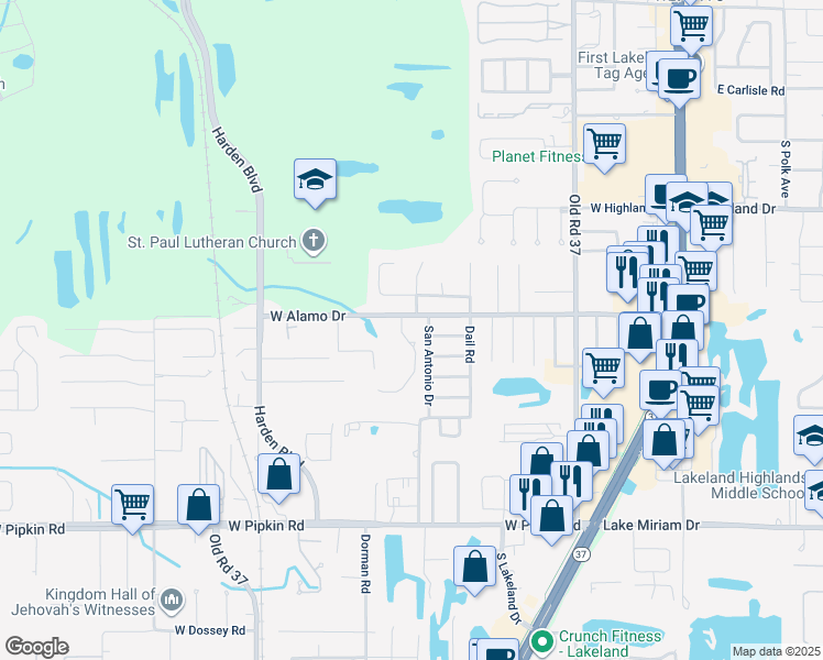 map of restaurants, bars, coffee shops, grocery stores, and more near 4637 Dimbath Drive in Lakeland