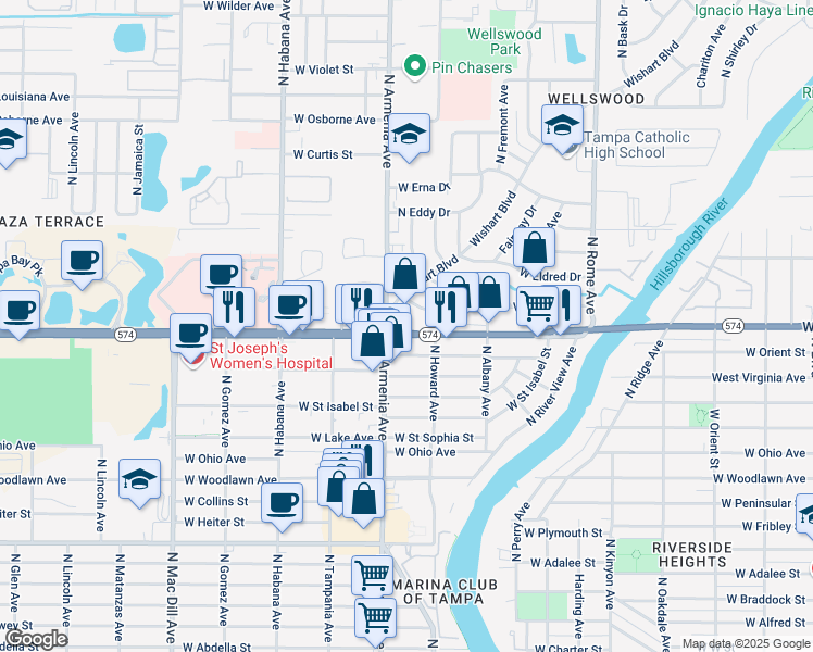 map of restaurants, bars, coffee shops, grocery stores, and more near 2314 West Martin Luther King Junior Boulevard in Tampa