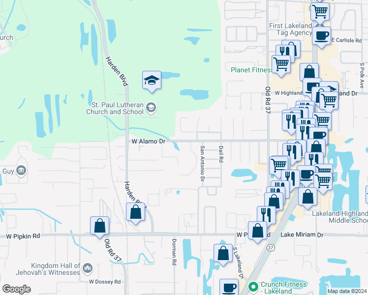 map of restaurants, bars, coffee shops, grocery stores, and more near 724 West Alamo Drive in Lakeland