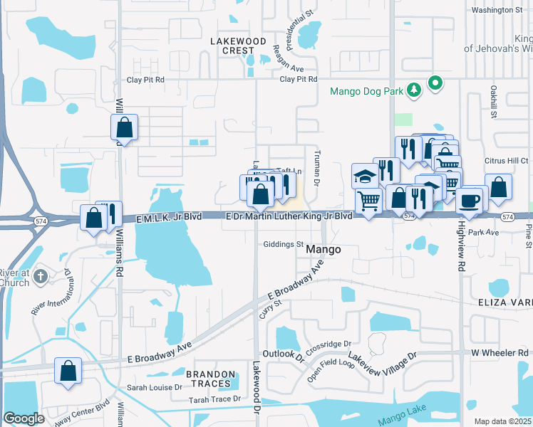 map of restaurants, bars, coffee shops, grocery stores, and more near 11230 East Martin Luther King Junior Boulevard in Seffner