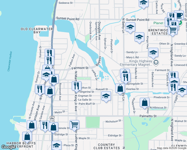 map of restaurants, bars, coffee shops, grocery stores, and more near 1620 Harbor Drive in Clearwater