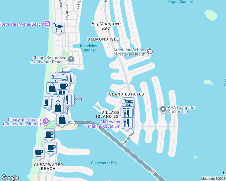 map of restaurants, bars, coffee shops, grocery stores, and more near 211 Skiff Point in Clearwater