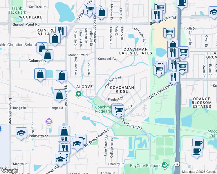 map of restaurants, bars, coffee shops, grocery stores, and more near 2341 Stag Run Boulevard in Clearwater