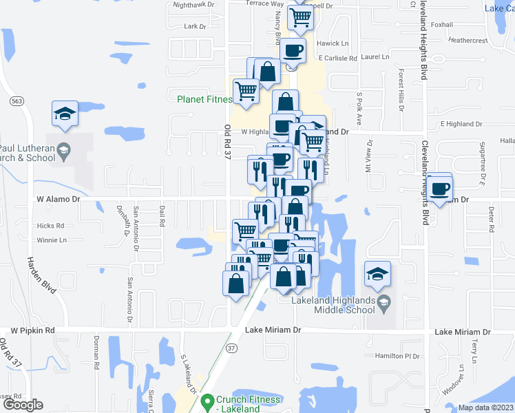 map of restaurants, bars, coffee shops, grocery stores, and more near 4612 South Jordon Avenue in Lakeland