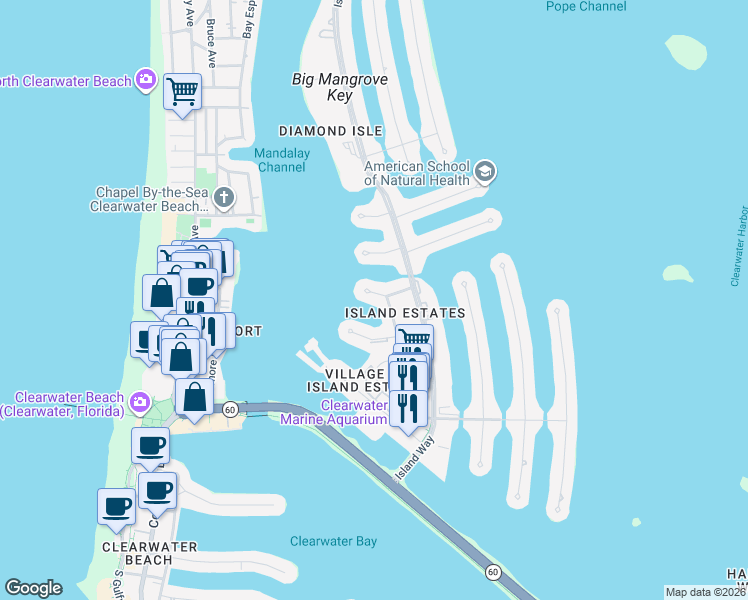 map of restaurants, bars, coffee shops, grocery stores, and more near 231 Skiff Point in Clearwater