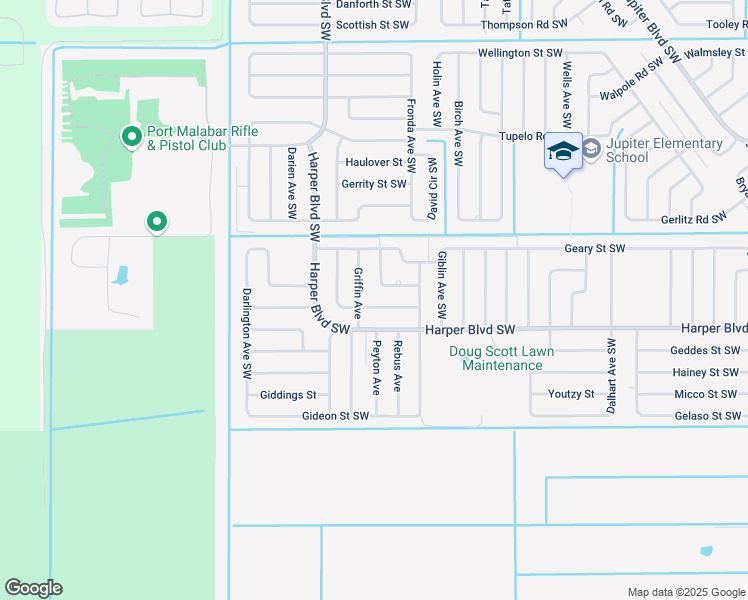 map of restaurants, bars, coffee shops, grocery stores, and more near 1220 Hastings Road Southwest in Palm Bay