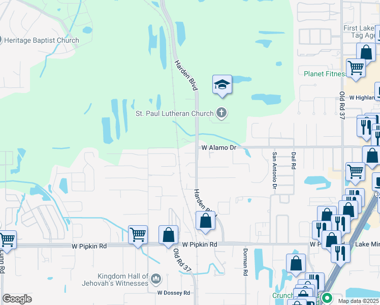 map of restaurants, bars, coffee shops, grocery stores, and more near 1005 Harden Court in Lakeland