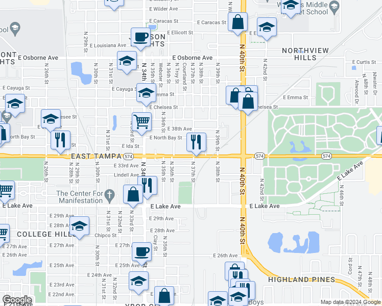 map of restaurants, bars, coffee shops, grocery stores, and more near 3614 East 33rd Avenue in Tampa