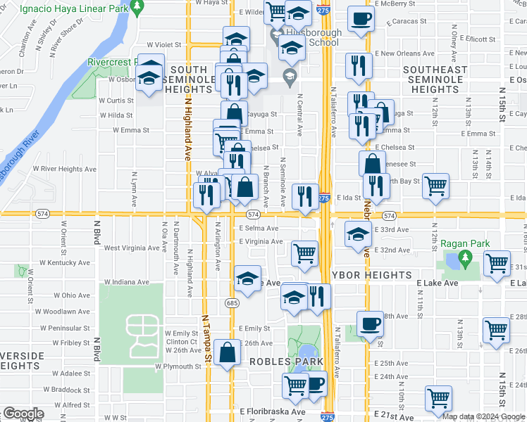 map of restaurants, bars, coffee shops, grocery stores, and more near in Tampa
