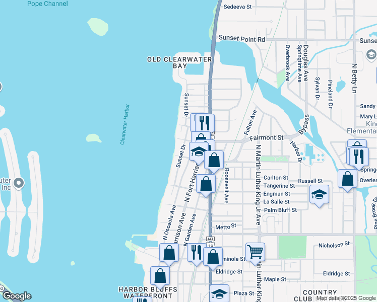 map of restaurants, bars, coffee shops, grocery stores, and more near 1503 Sunset Drive in Clearwater