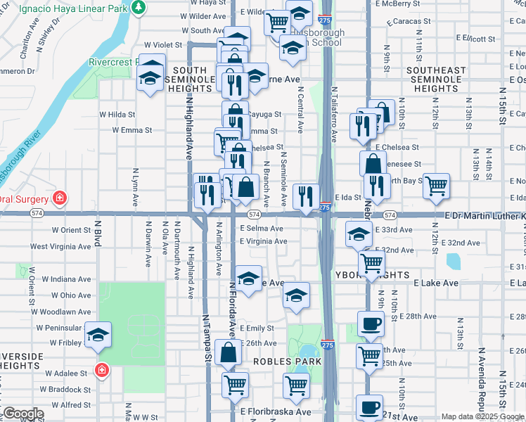 map of restaurants, bars, coffee shops, grocery stores, and more near 3908 North Suwanee Avenue in Tampa