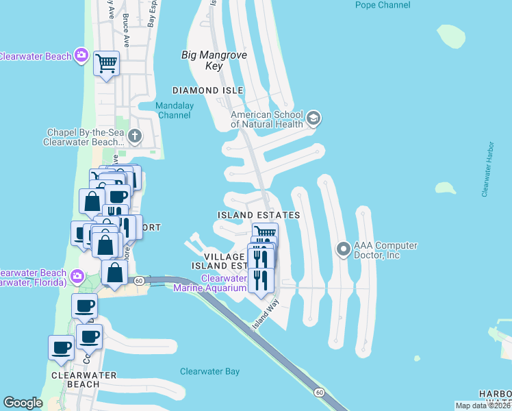 map of restaurants, bars, coffee shops, grocery stores, and more near 310 Island Way in Clearwater
