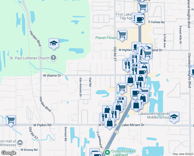 map of restaurants, bars, coffee shops, grocery stores, and more near 4612 South Terry Avenue in Lakeland