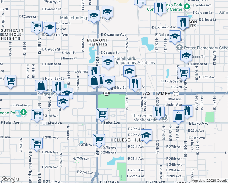 map of restaurants, bars, coffee shops, grocery stores, and more near 2425 East Doctor Martin Luther King Junior Boulevard in Tampa