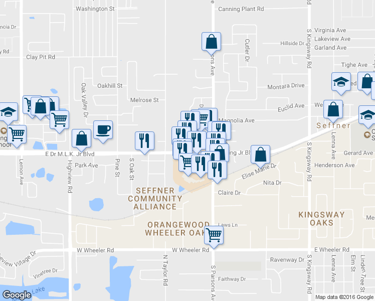 map of restaurants, bars, coffee shops, grocery stores, and more near 803 W Dr Martin Luther King Jr Blvd in Seffner