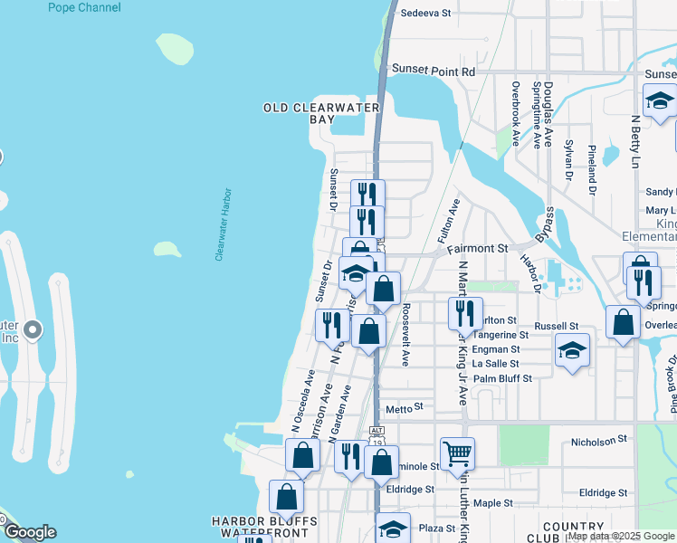 map of restaurants, bars, coffee shops, grocery stores, and more near 1503 Sunset Drive in Clearwater