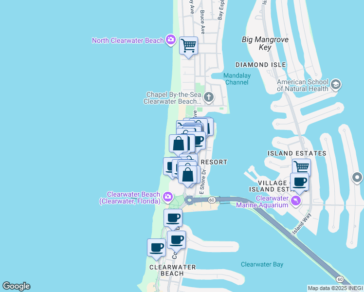 map of restaurants, bars, coffee shops, grocery stores, and more near 11 Baymont Street in Clearwater