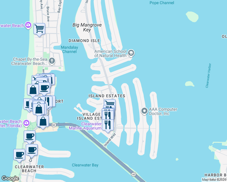 map of restaurants, bars, coffee shops, grocery stores, and more near 425 Island Way in Clearwater