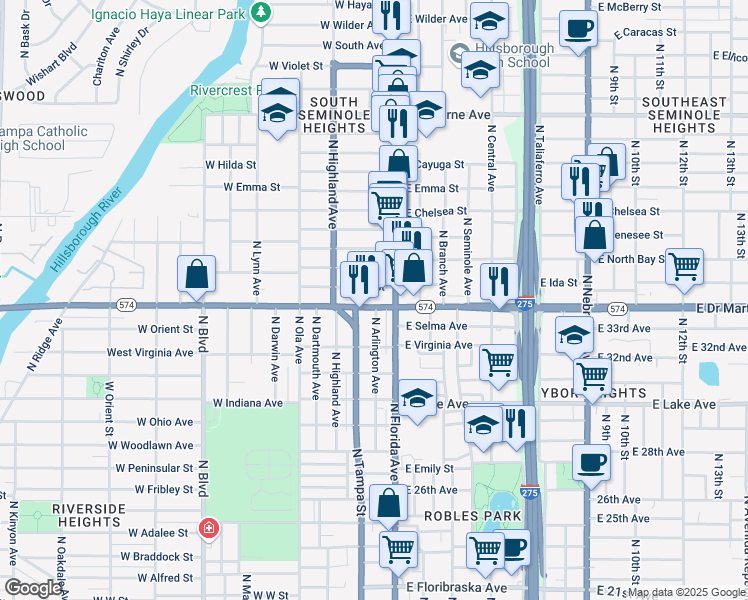 map of restaurants, bars, coffee shops, grocery stores, and more near 115 West Ida Street in Tampa