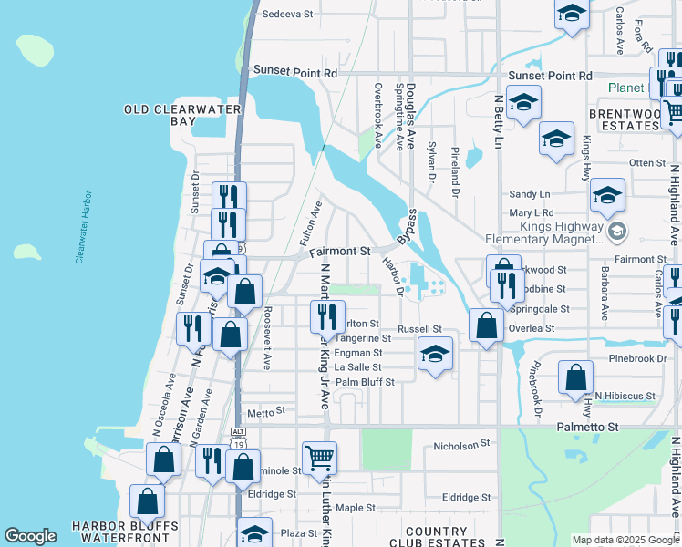 map of restaurants, bars, coffee shops, grocery stores, and more near 1117 Fairmont Street in Clearwater