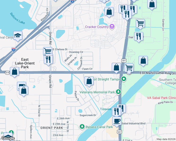 map of restaurants, bars, coffee shops, grocery stores, and more near 8009 Thames Place in Tampa