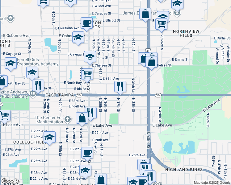 map of restaurants, bars, coffee shops, grocery stores, and more near 3619 East North Bay Street in Tampa
