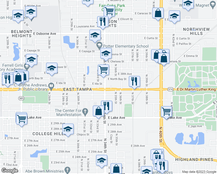 map of restaurants, bars, coffee shops, grocery stores, and more near 4013 North 34th Street in Tampa