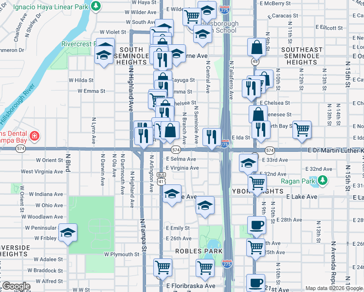 map of restaurants, bars, coffee shops, grocery stores, and more near 204 East Ida Street in Tampa