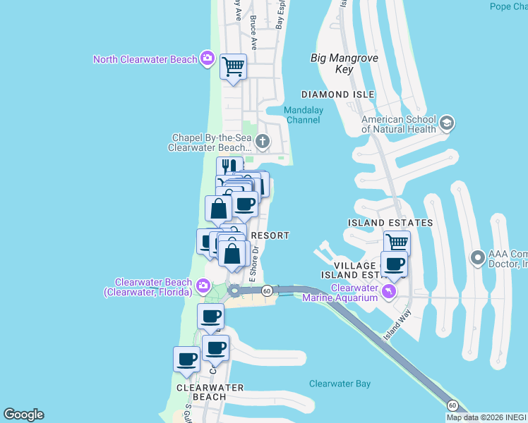 map of restaurants, bars, coffee shops, grocery stores, and more near 501 Mandalay Avenue in Clearwater