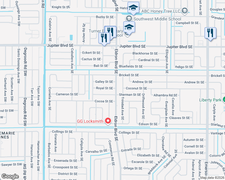 map of restaurants, bars, coffee shops, grocery stores, and more near 386 Royal Street Southeast in Palm Bay