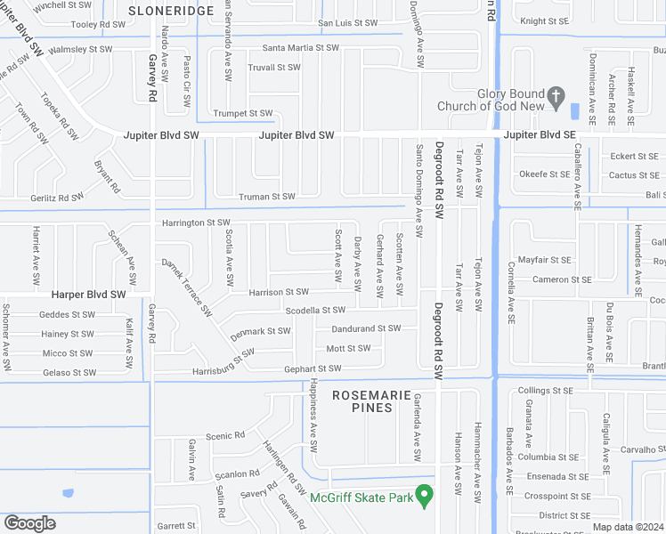 map of restaurants, bars, coffee shops, grocery stores, and more near 770 Scott Avenue Southwest in Palm Bay