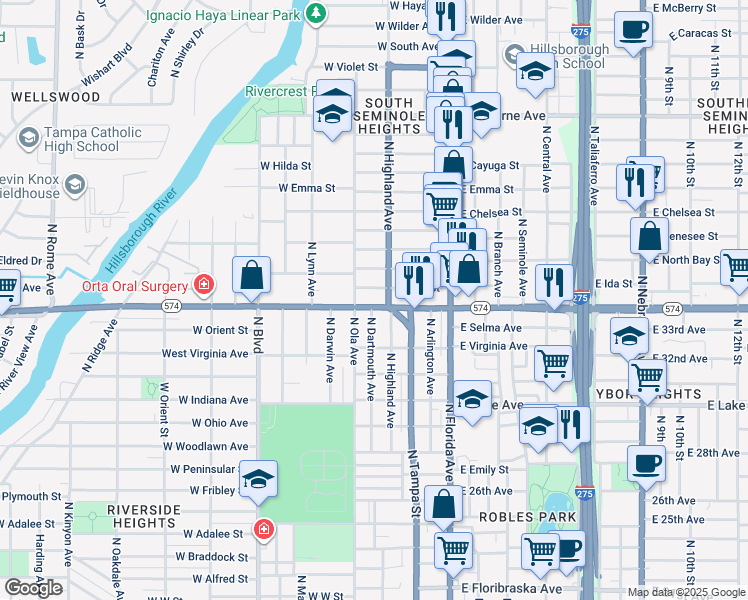 map of restaurants, bars, coffee shops, grocery stores, and more near 305 West Ida Street in Tampa