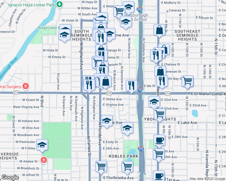 map of restaurants, bars, coffee shops, grocery stores, and more near 204 East Ida Street in Tampa