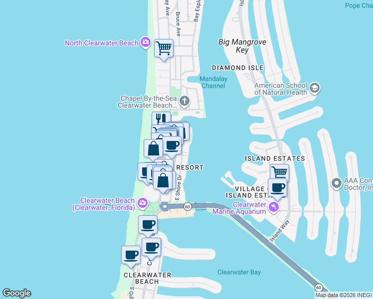 map of restaurants, bars, coffee shops, grocery stores, and more near 483 East Shore Drive in Clearwater