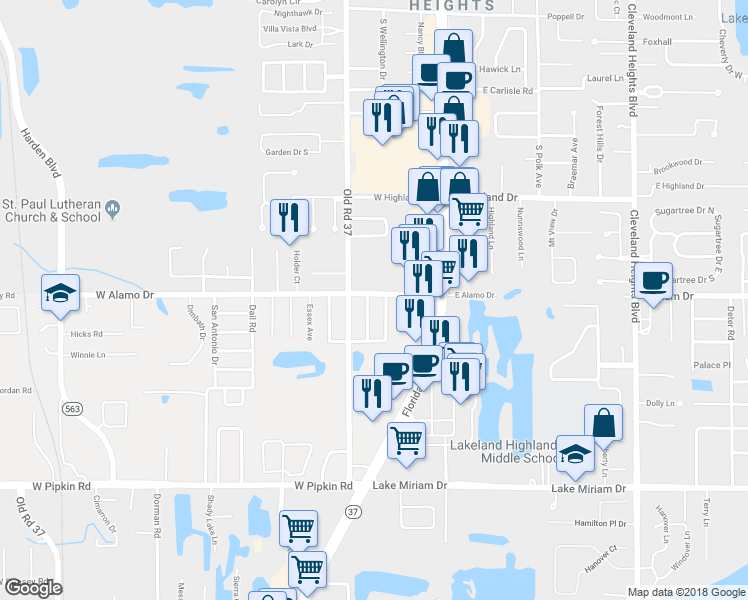 map of restaurants, bars, coffee shops, grocery stores, and more near 320 West Alamo Drive in Lakeland