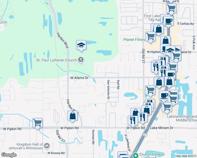 map of restaurants, bars, coffee shops, grocery stores, and more near 722 West Alamo Drive in Lakeland