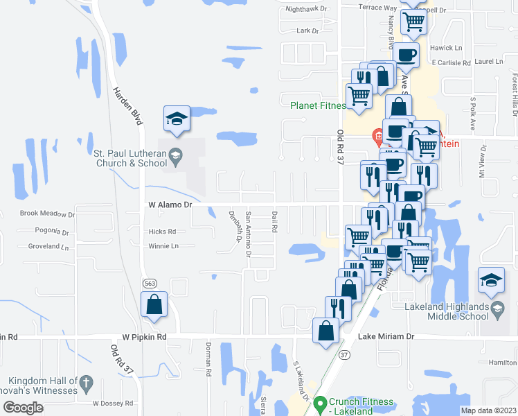 map of restaurants, bars, coffee shops, grocery stores, and more near 622 West Alamo Drive in Lakeland