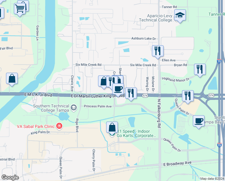 map of restaurants, bars, coffee shops, grocery stores, and more near 9516 East Doctor Martin Luther King Junior Boulevard in Tampa