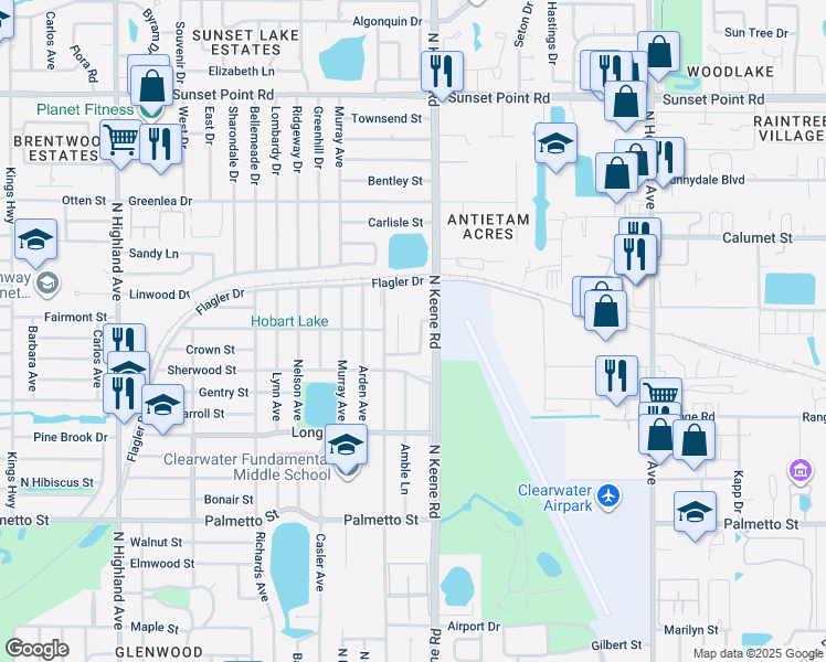 map of restaurants, bars, coffee shops, grocery stores, and more near 1512 Leo Lane East in Clearwater