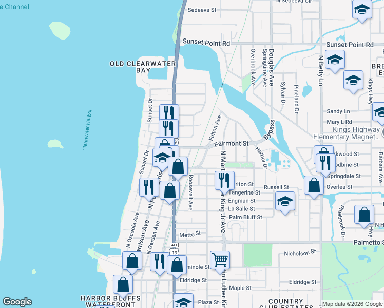 map of restaurants, bars, coffee shops, grocery stores, and more near 709 Minnesota Drive in Clearwater