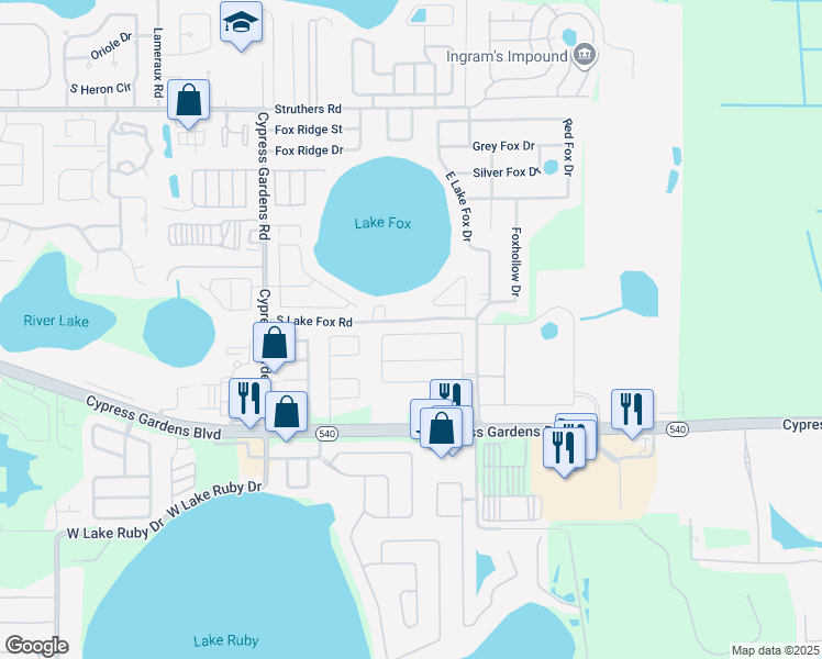 map of restaurants, bars, coffee shops, grocery stores, and more near 43 South Lake Fox Road in Winter Haven