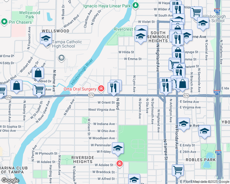 map of restaurants, bars, coffee shops, grocery stores, and more near 4011 North Munro Street in Tampa