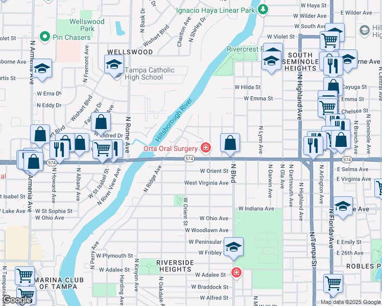 map of restaurants, bars, coffee shops, grocery stores, and more near 4105 North Poplar Avenue in Tampa