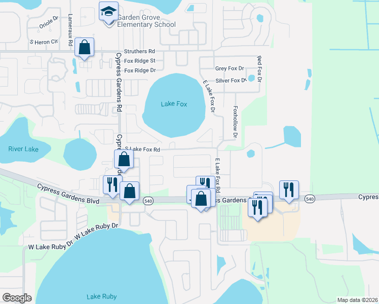 map of restaurants, bars, coffee shops, grocery stores, and more near 43 South Lake Fox Road in Winter Haven