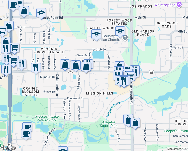 map of restaurants, bars, coffee shops, grocery stores, and more near 1625 Flint Drive North in Clearwater