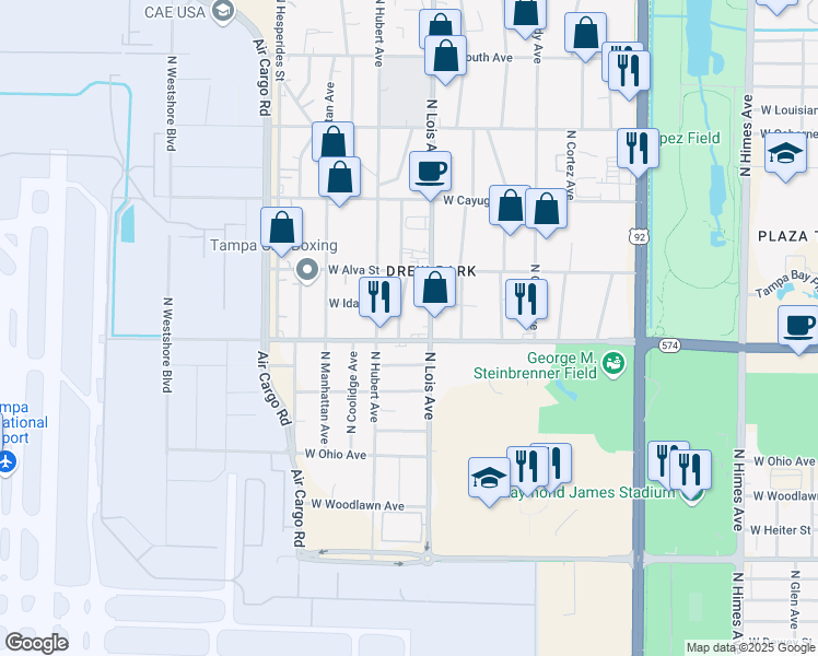 map of restaurants, bars, coffee shops, grocery stores, and more near 4419 North Hubert Avenue in Tampa